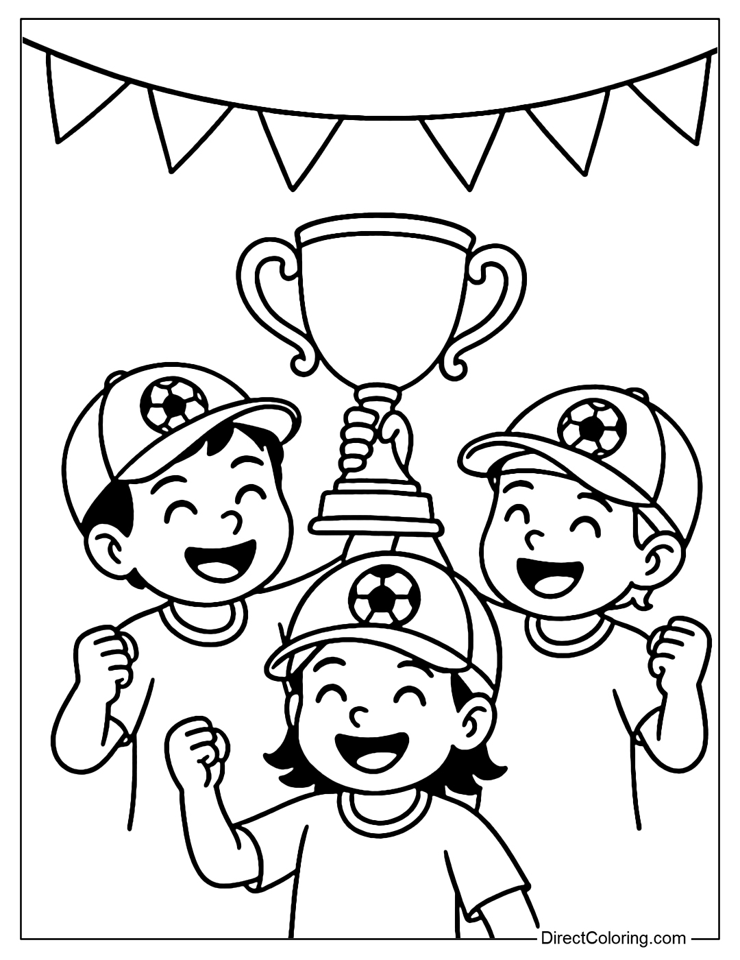 Coloring page of the children receiving the mini trophy, wearing a soccer cap, smiling brightly.